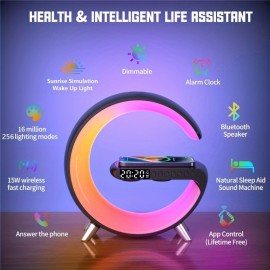 15W Wireless Charger Pad Stand APP Control LED RGB Alarm Clock Desk Lamp Speaker Fast Charging Station For IPhone/Samsung/Xiaomi