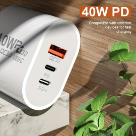 Universal Charger With 3 Ports 2PD+1 USB Ports 40W Fast Charging 3.0 Fast USB Wall Charger Portable Mobile Charger QC 3.0 Travel Adapter For Samsung, IPhone, Android Mainstream Models