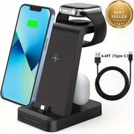 New Charger Station For IPhone Multiple Devices - 3 In 1 Fast Wireless Charging Stand For Apple Watch Series 7 6 SE 5 4 3 2 & Airpods IPhone 14 13 12 11 Pro X Max XS XR 8 7 Plus 6s 6 With 6.6FT Type-C Charging Cable