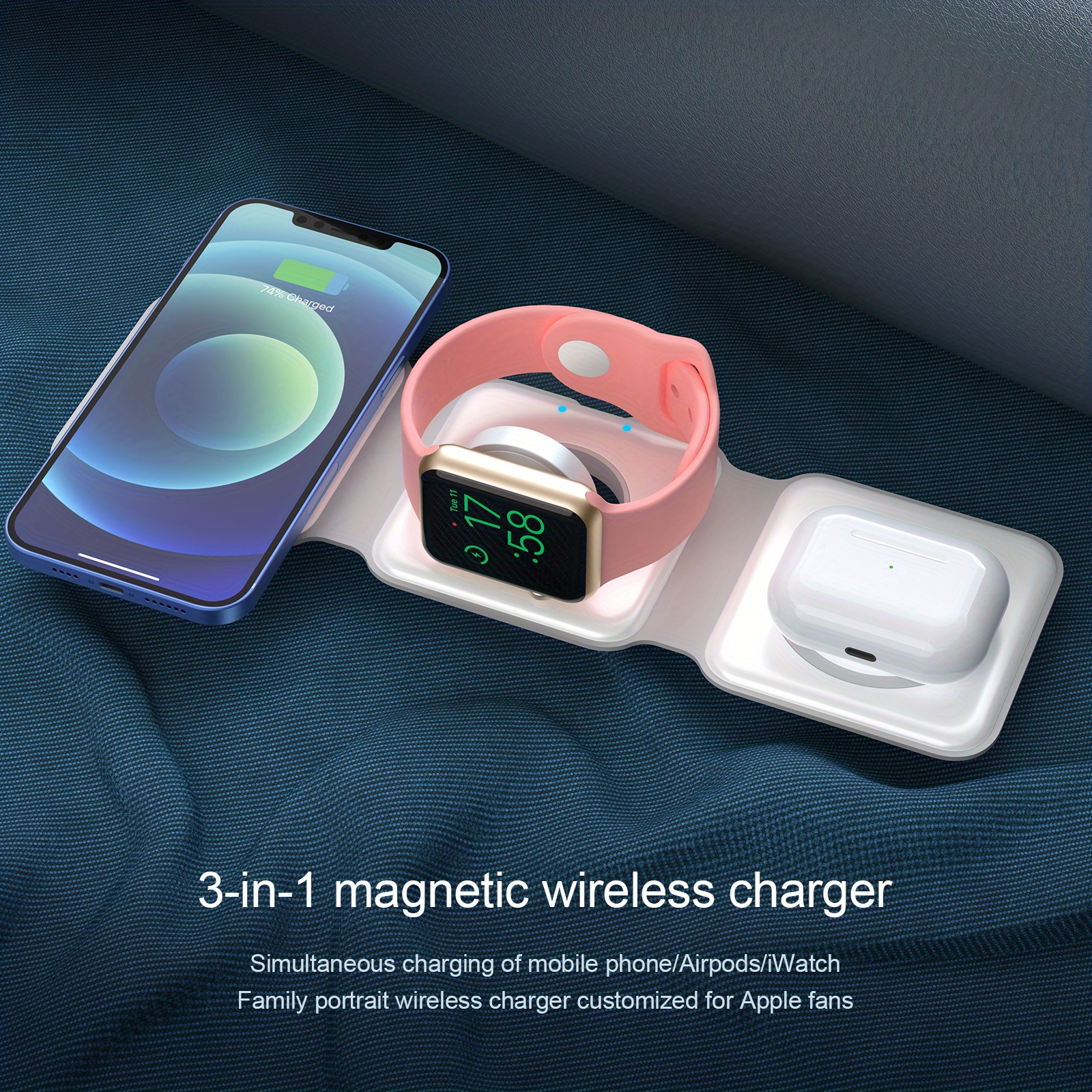 3 in 1 wireless charger for iphone magnetic foldable 3 in 1 charging station travel charger for multple devices for iphone 14 13 12 series airpods 3 2 pro iwatch adapter included details 2