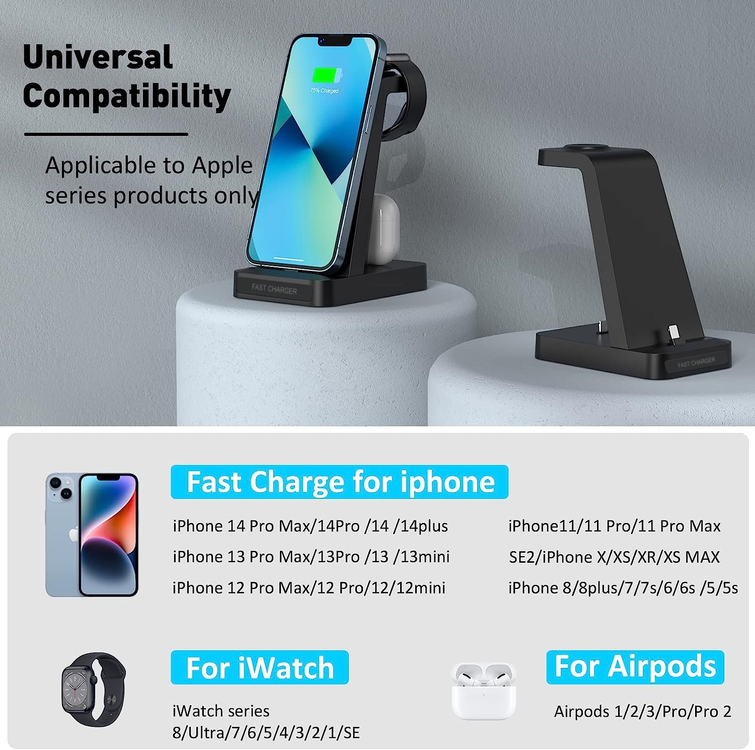 new charger station for iphone multiple devices 3 in 1 fast wireless charging stand for apple watch series 7 6 se 5 4 3 2 airpods iphone 14 13 12 11 pro x max xs xr 8 7 plus 6s 6 with 6 6ft type c charging cable details 2