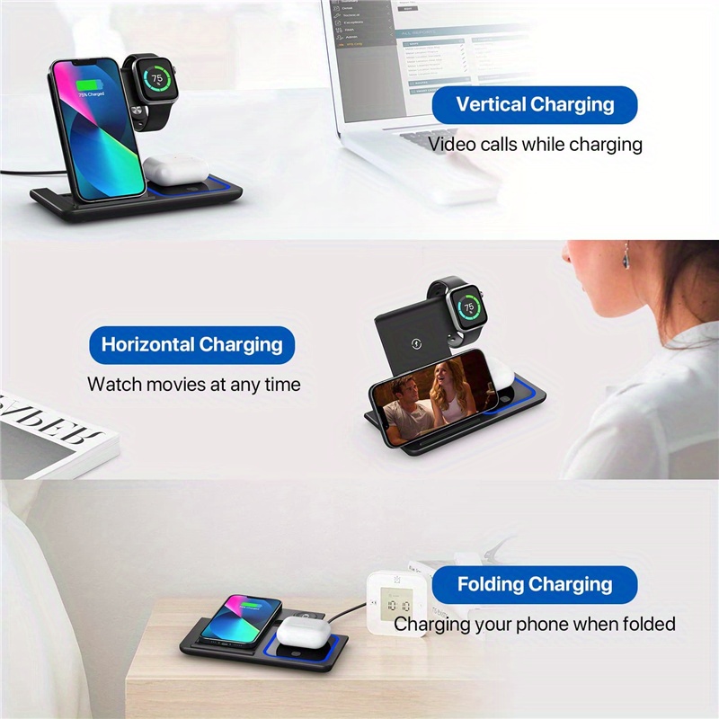 3 in 1 wireless charger stand pad for iphone 14 13 12 11 x iwatch 8 7 airpods foldable 15w phone fast charging dock station details 5