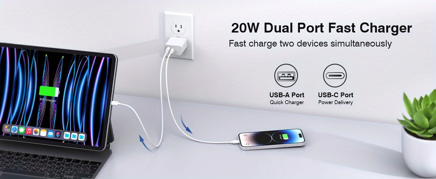 2pcs white fast charger for iphone 20w power adapter wall usb type c port fast plug fast charging with data cable suitable for iphone tablet mobile phone and other pd20w fast charging head details 2