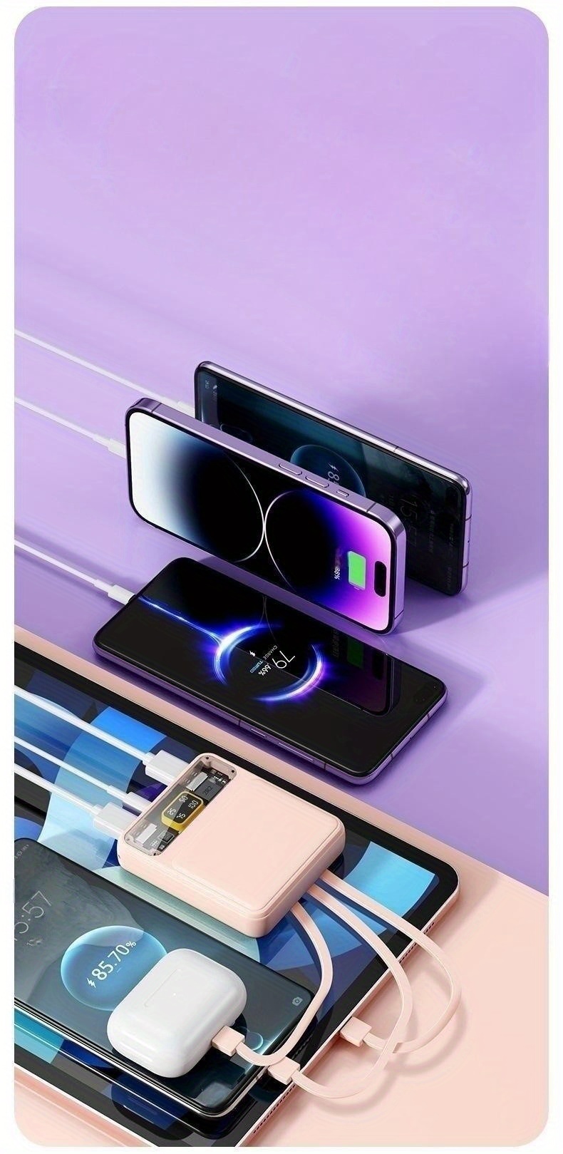 10000 mah power bank comes with 4 wires fast charging transparent mobile power supply for iphone samsung xiaomi oppo intelligent devices details 3